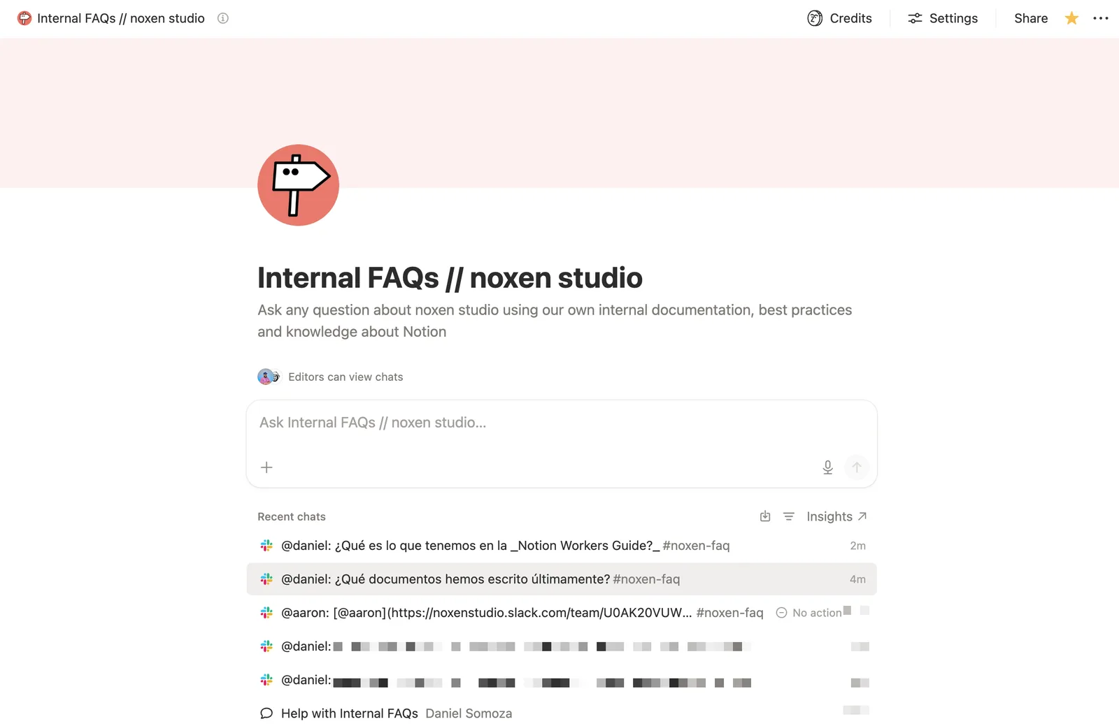 Notion AI Agent screen showing the internal-knowledge agent answering FAQ-style questions from the team's Notion documentation