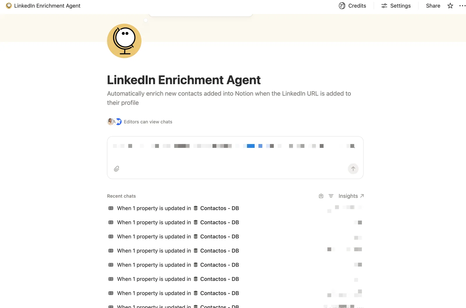 Notion AI Agent screen showing the LinkedIn Enrichment Agent in a chat interface with a list of recent contact enrichment runs