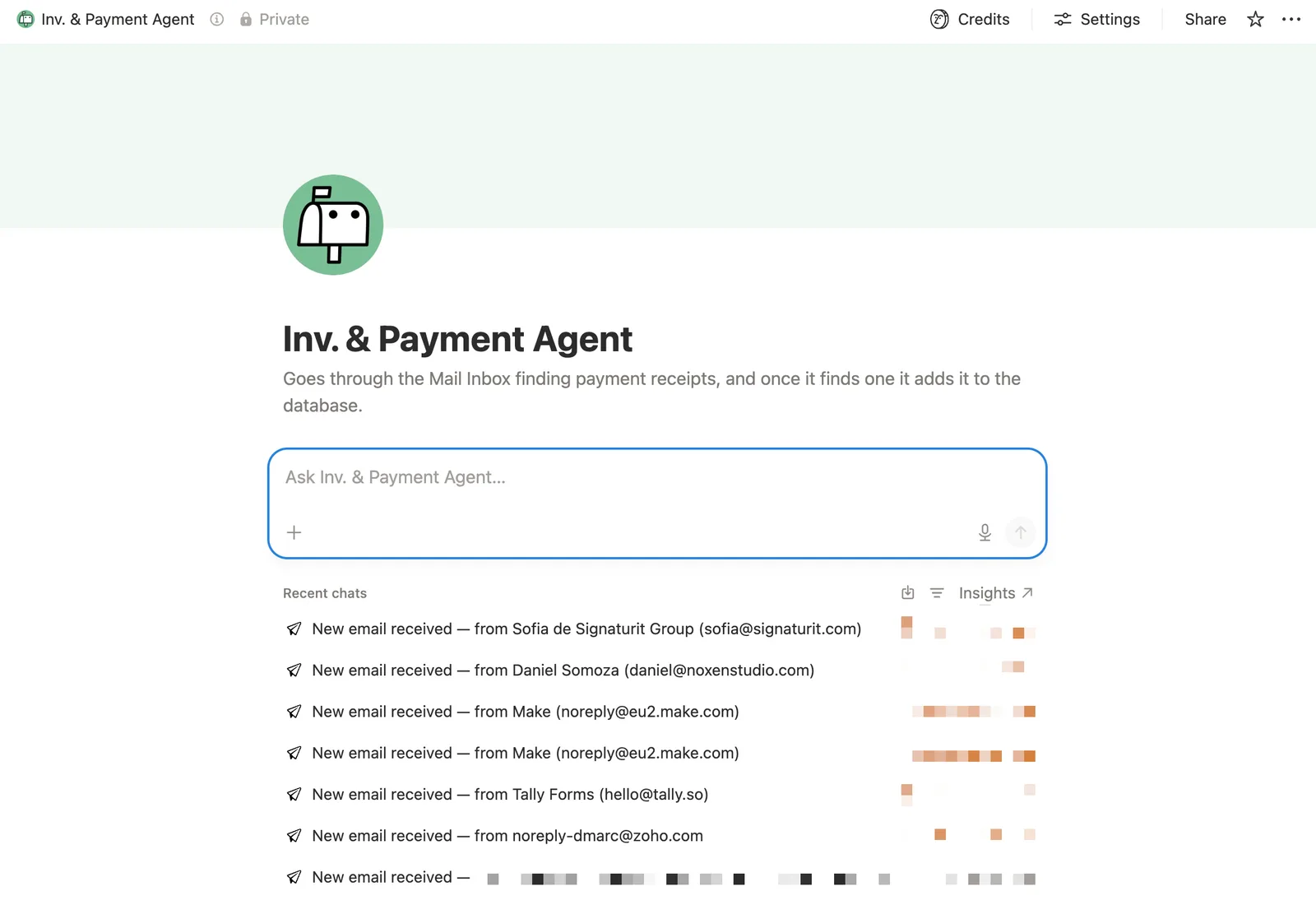 Notion AI Agent screen showing the payment-detection agent reading the Notion Mail inbox and writing structured charge data into Notion
