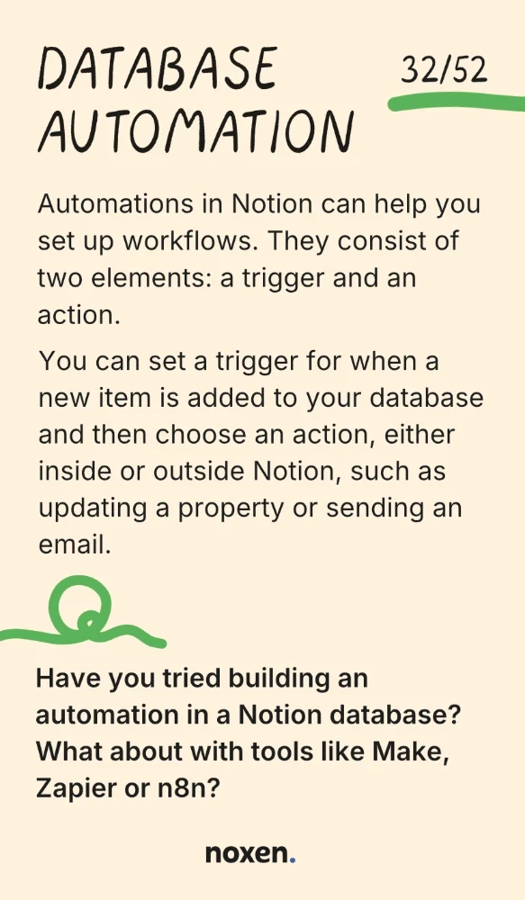 Database automation. Automations in Notion can help you set up workflows. They consist of two elements: a trigger and an action. You can set a trigger for when a new item is added to your database and then choose an action, either inside or outside Notion, such as updating a property or sending an email. Question: Have you tried building an automation in a Notion database? What about with tools like Make, Zapier or n8n?