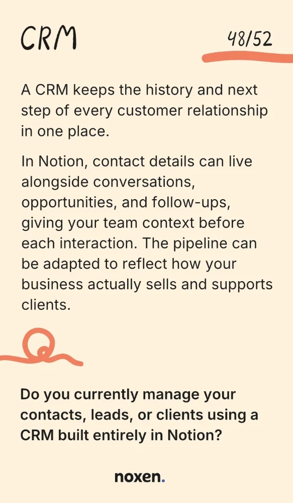 CRM. A CRM keeps the history and next step of every customer relationship in one place. In Notion, contact details can live alongside conversations, opportunities, and follow-ups, giving your team context before each interaction. The pipeline can be adapted to reflect how your business actually sells and supports clients. Question: Do you currently manage your contacts, leads, or clients using a CRM built entirely in Notion?